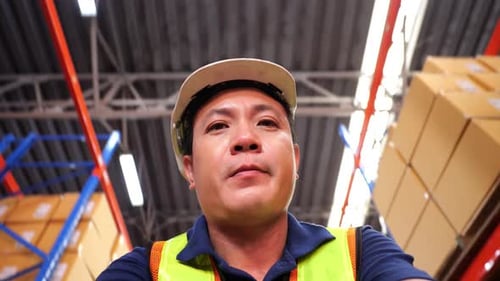 Lagerarbeiter arbeitet. Lager-Import Exportprodukt. Regale im Lagerhaus