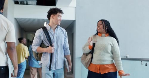 Man, woman and friends at college with talk, students and walk with story at campus for education