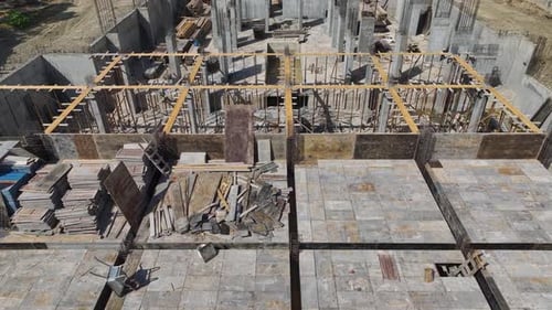 Aerial View Active Construction Site Workers and Machinery Building Structures