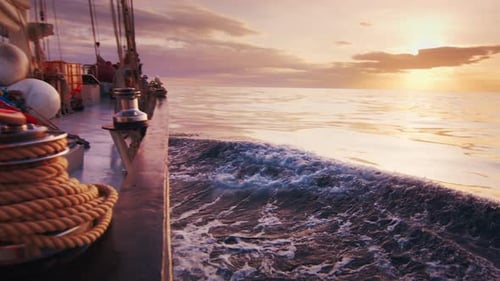 Sailing Vessel Moves in the Calm Glassy Open Sea with Sun Rising on the Horizon