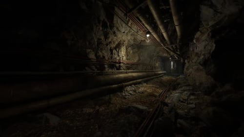 Exploring an Underground Bunker with Exposed Pipes and Rocky Walls at Night