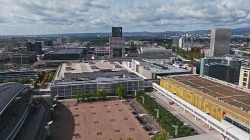 Aerial Drone View of Messe Frankfurt Exhibition Center in Frankfurt, Germany