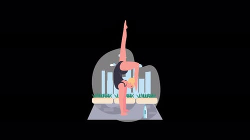 Dynamische Yoga-Pose-Illustration mit moderner Stadtkulisse und frischer Energie