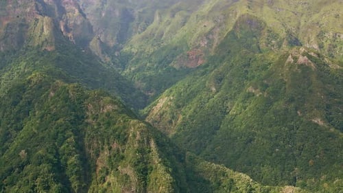 Aerial Green Mountains Rocks and Valleys Covered Dense Forest Scenic Woodland