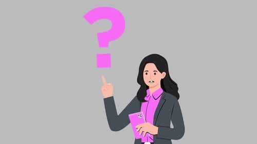 Animated Businesswoman Points to Question Mark in Flat Design