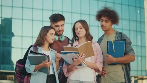 Group of Students Talk at College Yard