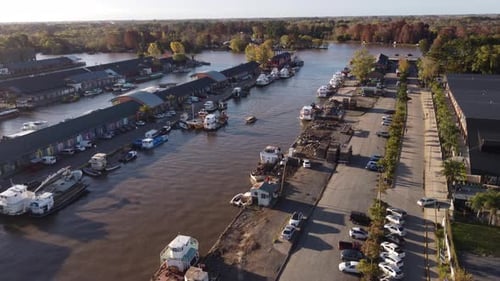Boat entering Puerto de Frutos in Buenos Aires_Argentina. Aerial pov