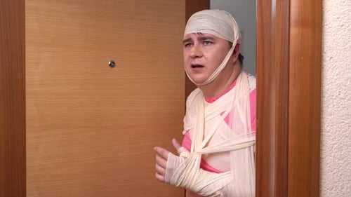 Hospital patient with fractures, bandaged man open door thanks help hand gesture