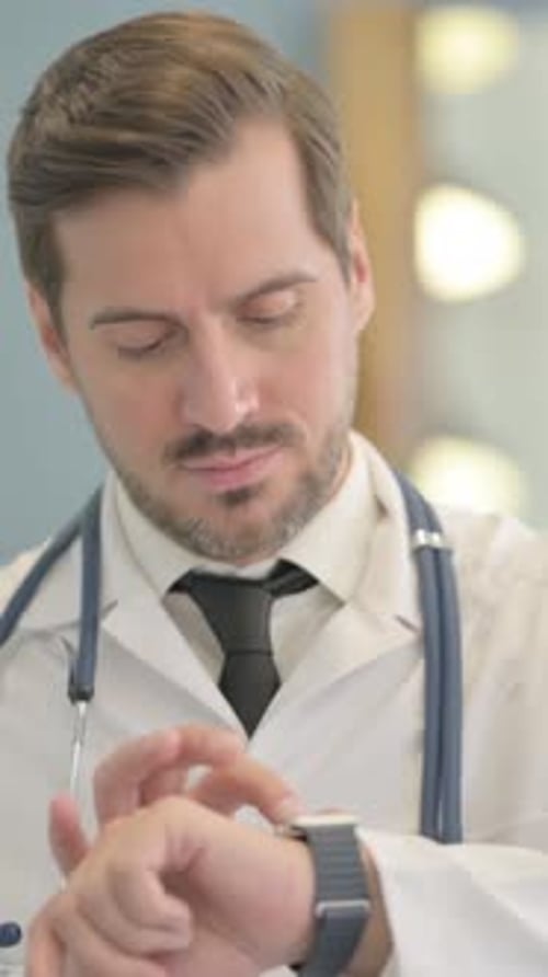 Portrait of Male Doctor Using Smart watch, vertical video