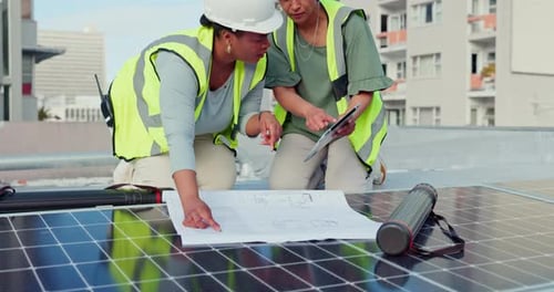 Architecture, solar panels or engineering team with blueprint of rooftop planning grid installation