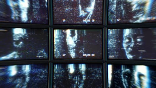 Retro Glitch VHS Multi-Screen Display with Distortion Effect