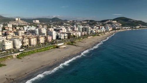 Road Traffic on the Coastline of the City of Alanya Cars Drive Along the Road Aerial View