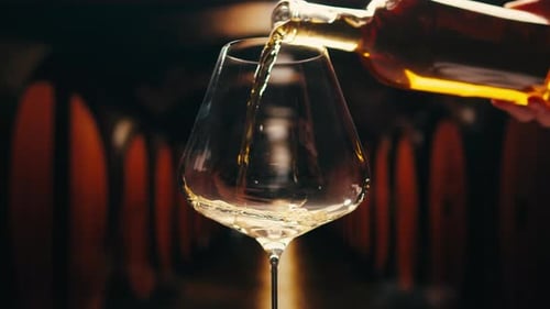 Orange or White Wine Bottle and Glass Against a Sunset in a Peaceful Vineyard Pouring of Ecological