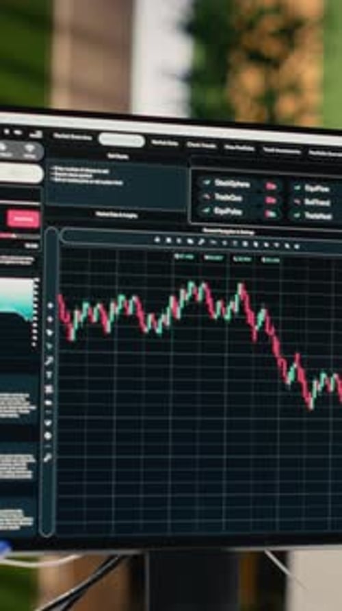 Vertical Video Trading Software in Proprietary Firm Office with Candlestick Graphs on PCs