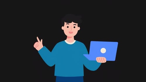 Animated Flat Design Character Presenting with Laptop