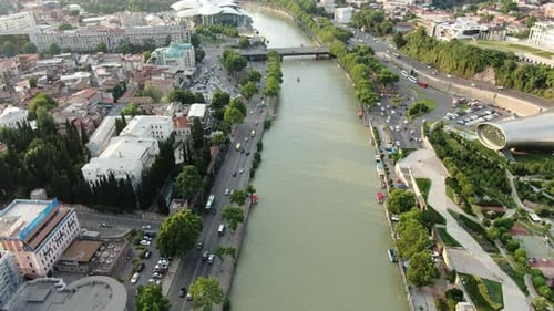 Beautiful architecture and bridges of Tbilisi city, aerial view