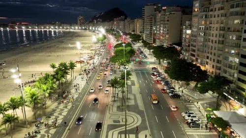 Night Traffic at Copacabana Beach in Rio de Janeiro Brazil.