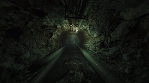 First Person View Through Dark Gritty Underground Tunnel