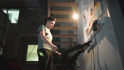Young Man Plays Electronic Keyboard in Dimly Lit Room