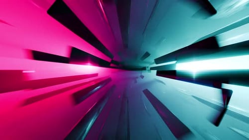 Abstract tunnel animation with pink and blue glowing lights.