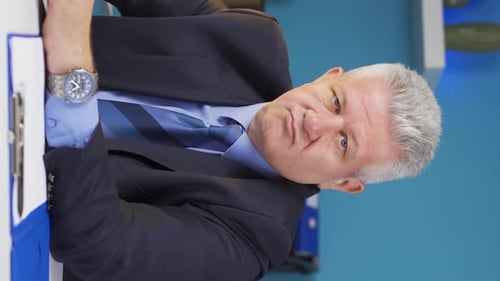 Vertical video of Businessman nodding negative and negative to the camera.