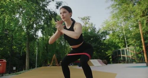 Woman Doing Squats with Resistance Band in Park