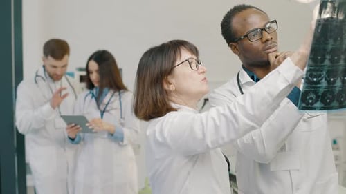Medical team in lab coats examining x-ray image. Slow motion