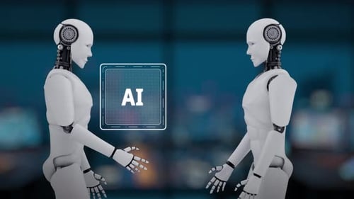 Advanced Artificial Intelligence Concept with Futuristic Robots Engaging in Dialogue, Highlighting I