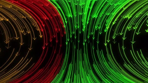 Curved Neon Arrows Falling Down And Color Changing Animation. Abstract Loop Neon Arrow Direction