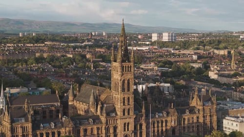 Aerial view of Glasgow skyline and historic architecture, Scotland.