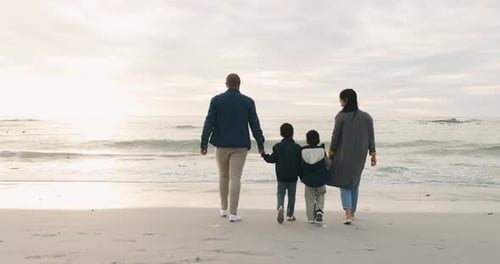 Beach, vacation and back of family holding hands and walking together on a travel adventure