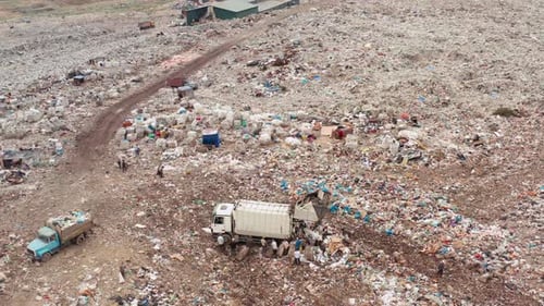 Drone Aerial View of Landfill with Garbage Truck and Bulldozer Waste Disposal Process Environmental