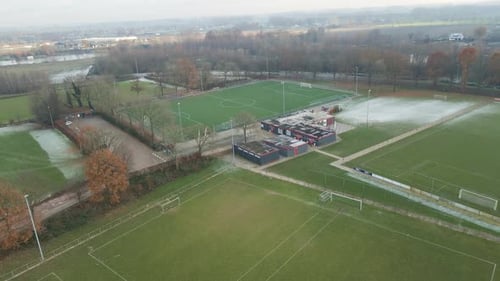 Aerial of soccer fields on large sports park in rural area