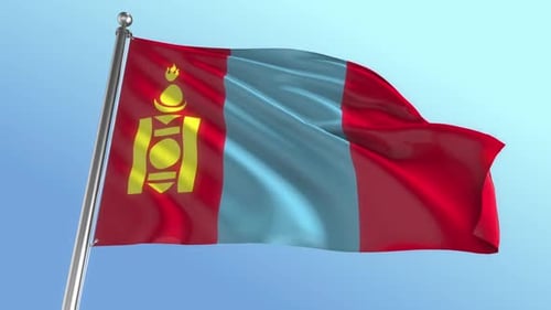 Waving Mongolian Flag on a Pole Against Blue Sky
