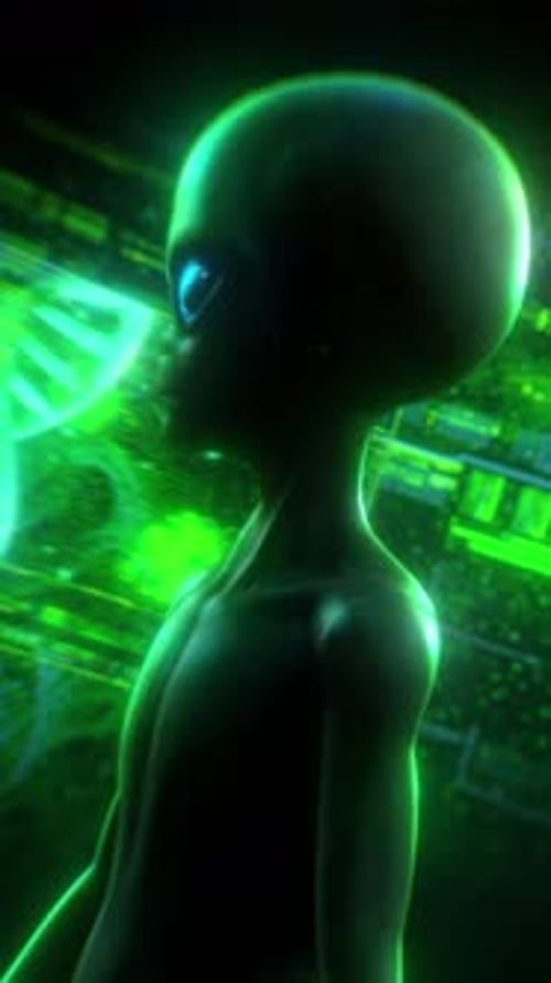 Futuristic 3D Alien Head Rotating in Green Digital Space