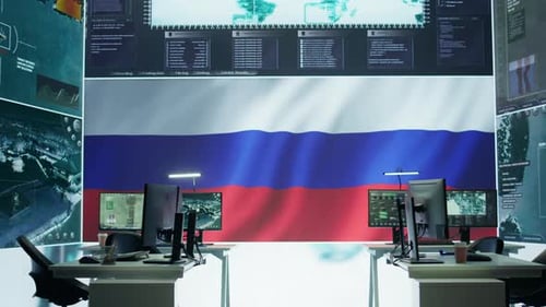 Futuristic Tech Office with Russian Flag Backdrop