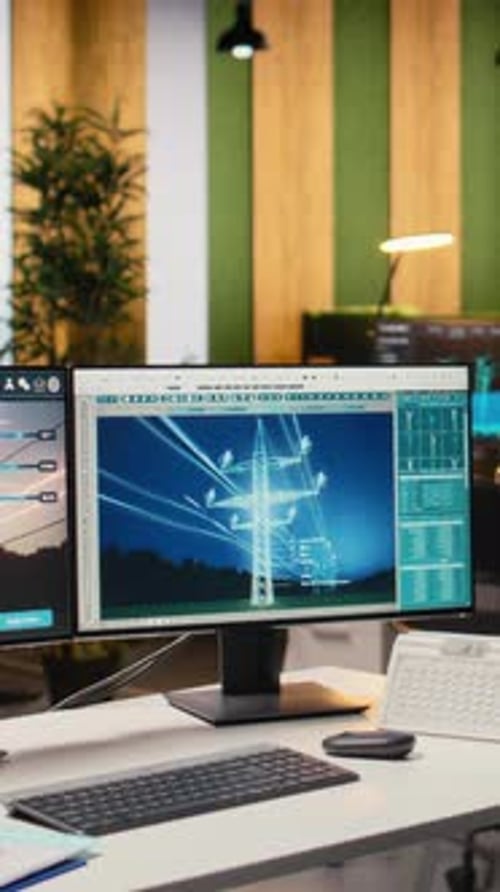 CAD-Entwurf für Stromleitungstürme auf zwei Monitoren im Ingenieurbüro angezeigt
