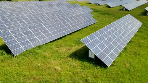 Aerial View of an Ecological Solar Power Station With Panels Producing Green Energy