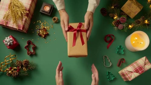 Friends Giving Presents Top View Green Background Celebrating 2024 New Year