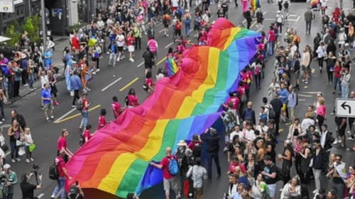Aerial View of Crowd Marching with Rainbow Flag