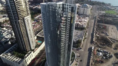 Aerial Panoramic View of San Diego Financial District and Bay at Sunset