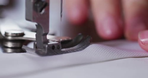 Sewing Machine Stitching White Fabric Close Up