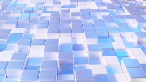 Dynamic Abstract Grid of White and Blue Moving Cubes