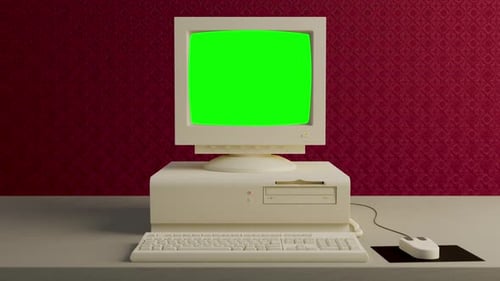 Obsolete Computer booting with Glitch and Green Screen 4k old vintage