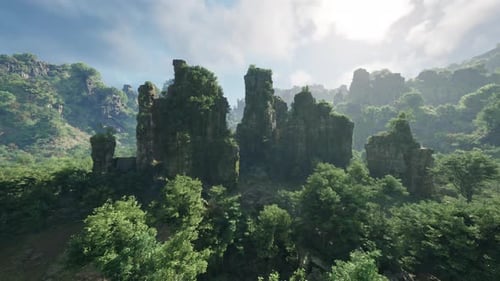 A Serene Forest Landscape with Majestic Rocks and Towering Trees