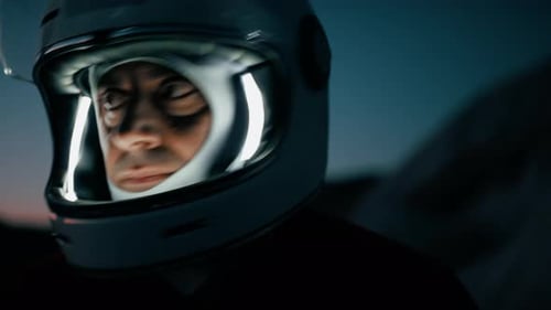 Astronaut With Helmet Surprised To Be On A Wonderful Planet Just Off Spacecraft
