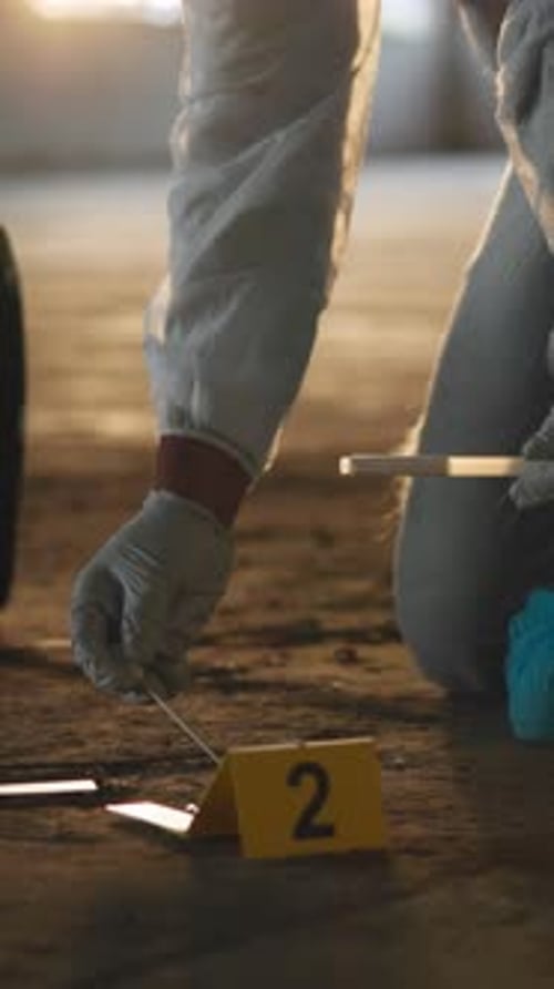 Forensic Investigator Examining Evidence at Crime Scene