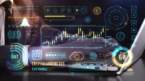 Infographies sur le Bitcoin et les actifs cryptographiques sur un panneau virtuel