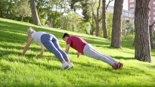 Senior Couple Doing Push Ups in a Park