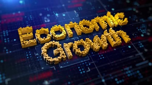 Digital Economic Growth: 3D Pixel Text on Tech Background